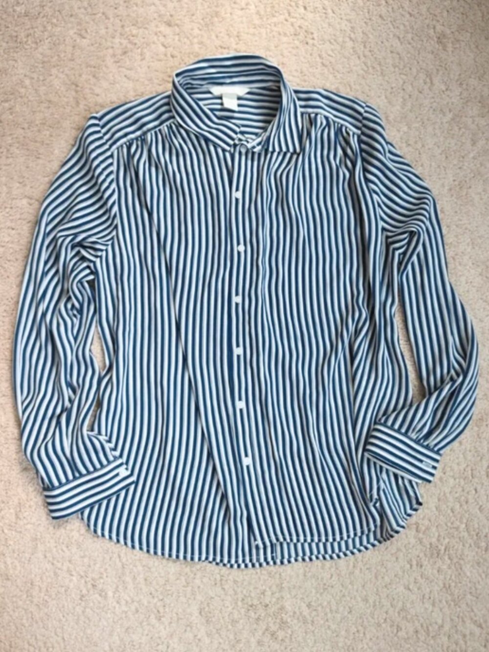 H&M Womens Striped Long Sleeve Button Down Blouse Top Navy Blue White Size 12